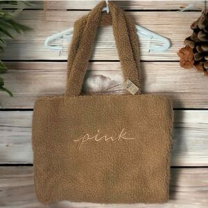 Victorias Secret PINK Large Soft Cozy Tan Caramel Sherpa Teddy Bear Tote Bag